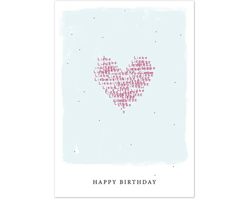 Grußkarte mit Herz aus dem Wort Liebe und dem Schriftzug Happy Birthday