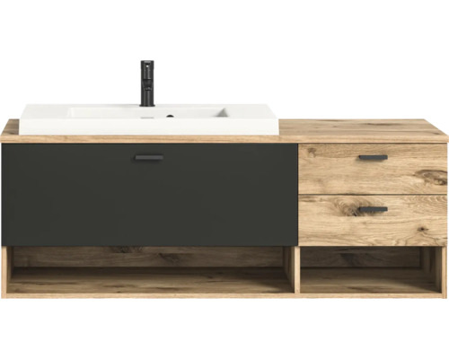 Xonox.home Badmöbelset Grado BxHxT 138 x 51 x 48 cm Frontfarbe eiche grau mit Waschtisch Mineralguss weiß Waschtischunterschrank mit Waschbecken, Schublade und zwei Auszügen