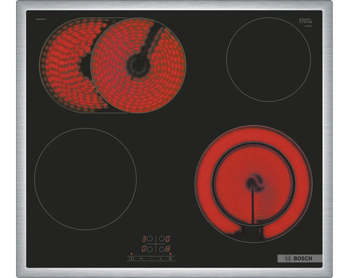 Bosch Kochfeld mit vier Kochzonen, von denen zwei beheizt sind
