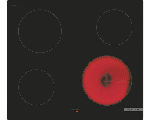 Schwarzes Kochfeld mit vier Kochzonen und Bosch Logo