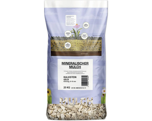 Mineralischer Mulch Kalkstein 8 - 16 mm 25 kg gelb Sack mineralischer Mulch aus Kalkstein, Körnung 8-16 mm, 25 Kilogramm