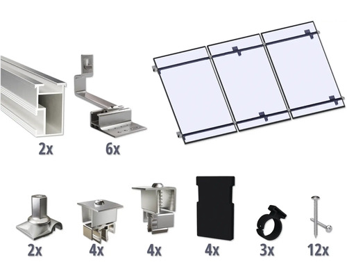 Montageset für 3 PV-Module (3x1) auf Schrägdach/Ziegeldach inkl. 2x Montageschiene 3650 mm