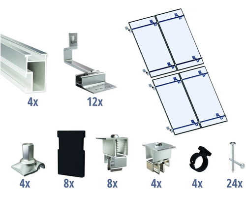 Montageset für 4 PV-Module (2x2) auf Schrägdach/Ziegeldach inkl. 4x Montageschiene 2400 mm