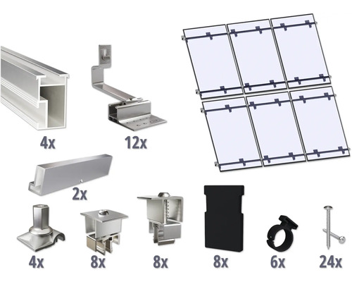 Montageset für 6 PV-Module (3x2) auf Schrägdach/Ziegeldach inkl. 4x Montageschiene 3650 mm