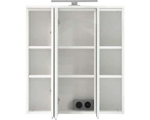 Weißer Badezimmerschrank mit offenen Türen und Regalen