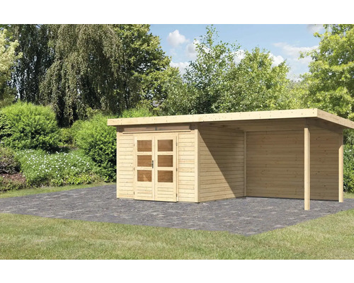 Gartenhaus Karibu Skandi 6 inkl. Anbaudach mit Rückwand 3,2 m 612 x 303 cm natur Holzgartenhaus mit Doppeltür und offenem Anbau im Garten