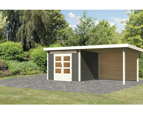 Gartenhaus Karibu Skandi 6 inkl. Anbaudach mit Rückwand 3,2 m 612 x 303 cm terragrau