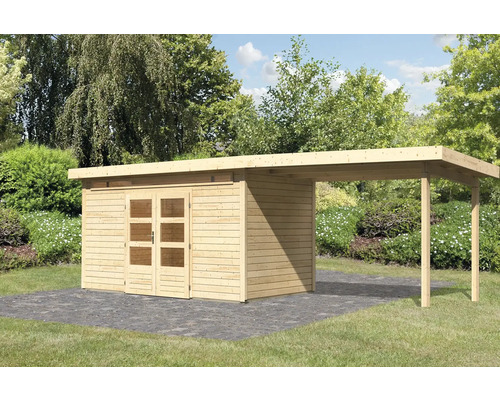 Gartenhaus Karibu Skandi 9 inkl. Anbaudach 3,2 m 704 x 332 cm natur