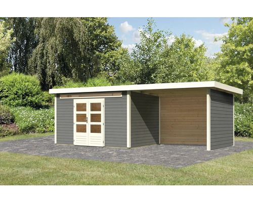 Gartenhaus Karibu Skandi 7 inkl. Anbaudach mit Rück- und Seitenwand 3,2 m 702 x 273 cm terragrau