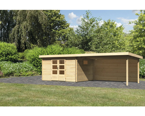 Gartenhaus Karibu Tossens 4 inkl. Anbaudach mit Rückwand 4,4 m 714,5 x 333 cm natur