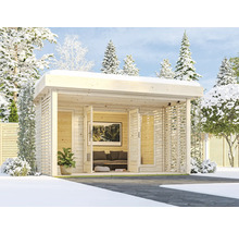 Holzgartenhaus mit Flachdach im verschneiten Garten