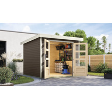 Gartenhaus mit geöffneten Doppeltüren und Innenraum mit Regalen und Werkzeugen