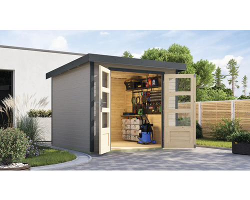 Gartenhaus Karibu Metalwood 3,5D Blech anthrazit 266 x 266,5 cm wassergrau Gartenhaus mit geöffneten Doppeltüren und Werkzeugen zur Aufbewahrung