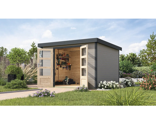 Gartenhaus Karibu Metalwood 5D Blech anthrazit 320,5 x 266,5 cm wassergrau