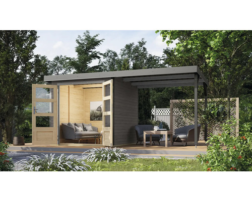 Gartenhaus Karibu Metalwood 2B Blech graualu inkl. Anbaudach 2,35 m 453 x 235 cm terragrau