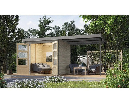 Gartenhaus Karibu Metalwood 2D inkl. Anbaudach 2,35 m 453 x 235 cm natur