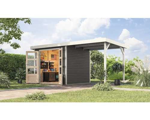 Gartenhaus Karibu Metalwood 3B Blech weiß inkl. Anbaudach 2,35 m 486,5 x 236,5 cm terragrau Gartenhaus Karibu Metalwood 3B Blech weiß inkl. Anbaudach 2,35 m 486,5 x 236,5 cm terragrau