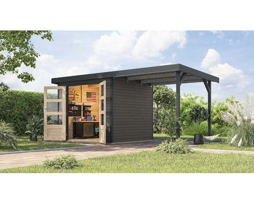 Gartenhaus Karibu Metalwood 3B Blech anthrazit inkl. Anbaudach 2,35 m 486,5 x 236,5 cm terragrau
