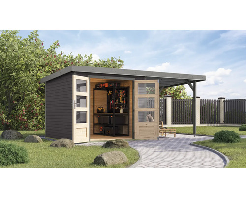 Gartenhaus Karibu Metalwood 3,5B Blech graualu inkl. Anbaudach 2,35 m 486,5 x 266,5 cm terragrau Gartenhaus Karibu Metalwood 3,5B Blech graualu inkl. Anbaudach 2,35 m 486,5 x 266,5 cm terragrau