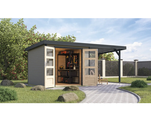 Gartenhaus Karibu Metalwood 3,5D Blech anthrazit inkl. Anbaudach 2,35 m 486,5 x 266,5 cm wassergrau