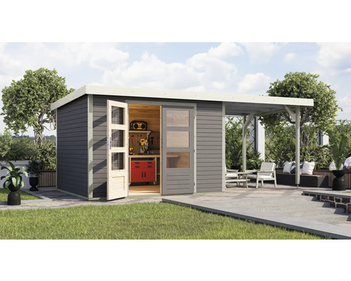 Gartenhaus Karibu Metalwood 5B Blech weiß inkl. Anbaudach 2,35 m 541,5 x 266,5 cm terragrau Gartenhaus Karibu Metalwood 5B Blech weiß inkl. Anbaudach 2,35 m 541,5 x 266,5 cm terragrau