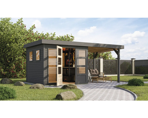 Gartenhaus Karibu Laharo 3,5 inkl. Anbaudach 2,4 m 491 x 262 cm grau