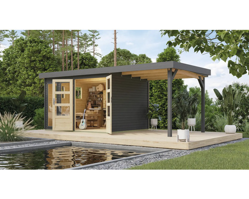 Gartenhaus Karibu Laharo 5 inkl. Anbaudach 2,4 m 554 x 262 cm grau