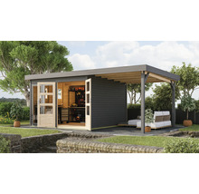 Gartenhaus mit Werkbank und überdachter Terrasse im Außenbereich