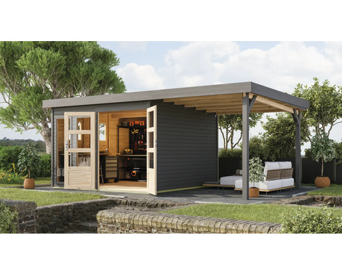 Gartenhaus Karibu Laharo 6 inkl. Anbaudach 2,4 m 554 x 331 cm grau