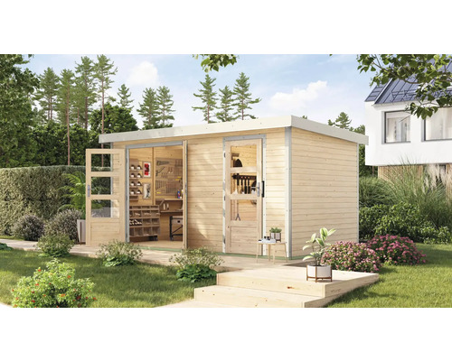 Gartenhaus Karibu Merkuras A Metall weiß 431,5 x 235 cm natur