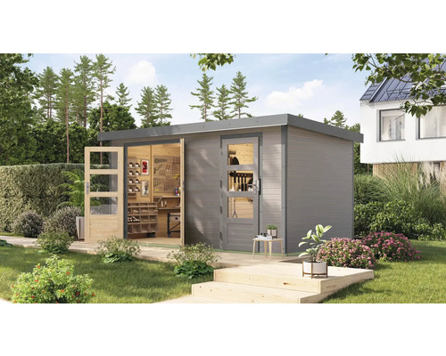 Gartenhaus Karibu Merkuras D Metall graualuminium 431,5 x 235 cm wassergrau Modernes Gartenhaus mit Doppeltür und Fenstertür im Garten.