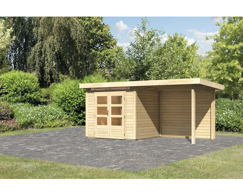 Gartenhaus Karibu Skandi 2 inkl. Anbaudach mit Rückwand 2,35 m 492 x 232 cm natur Gartenhaus aus Holz mit Doppeltür und seitlichem Unterstand
