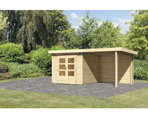 Gartenhaus Karibu Skandi 3 inkl. Anbaudach mit Rückwand 2,35 m 495 x 273 cm natur Holzgartenhaus mit Doppeltür und Carport-Anbau im Garten