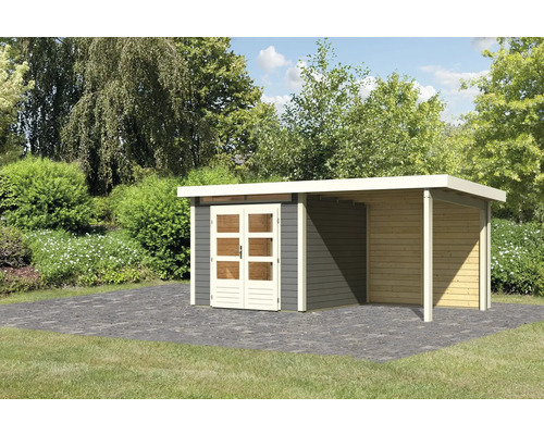 Gartenhaus Karibu Skandi 3 inkl. Anbaudach mit Rückwand 2,35 m 495 x 273 cm terragrau