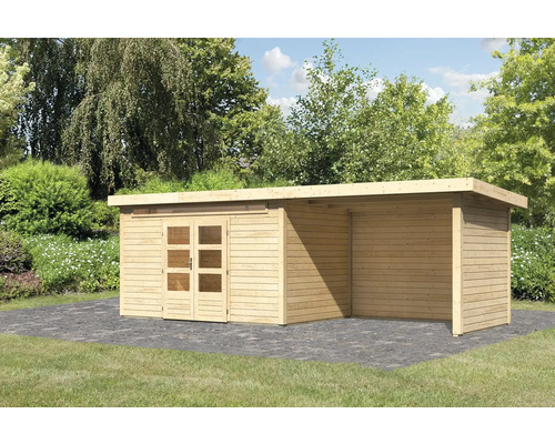 Gartenhaus Karibu Skandi 7 inkl. Anbaudach mit Rück- und Seitenwand 3,2 m 702 x 273 cm natur