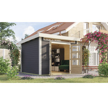 Modernes Gartenhaus mit Doppeltür, eingebettet in eine gepflegte Gartenlandschaft.