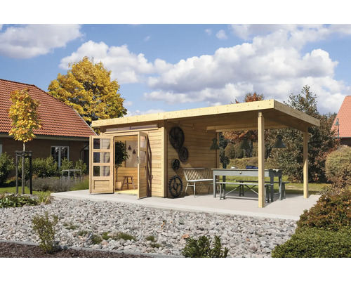 Gartenhaus Karibu Skandi 6 inkl. Anbaudach 3,2 m 612 x 303 cm natur