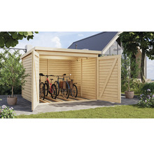 Fahrradgarage aus Holz mit geöffneten Türen und Fahrrädern im Inneren