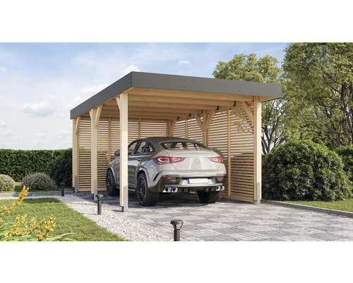 Modernes Carport aus Holz mit grauem Dach und Auto