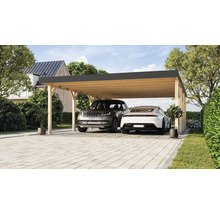 Doppelcarport aus Holz mit zwei geparkten Autos