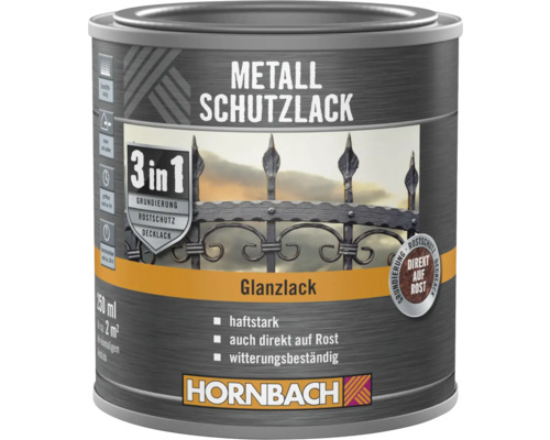 HORNBACH Metallschutzlack 3in1 glänzend schwarz 250 ml Metal protective paint, glossy finish, 250 ml can, Hornbach brand