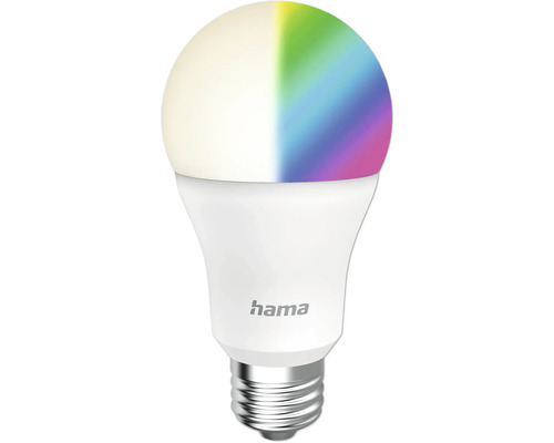 Smarte LED Lampe A60 dimmbar E27/9W weiß 806 lm einstellbares weiß 2700- 6500 K RGBW Hama Logo, mehrfarbige LED Lampe