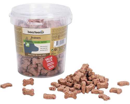 Beeztees Trainers Hundesnacks mit Gemüse und Roter Bete in durchsichtigem Eimer