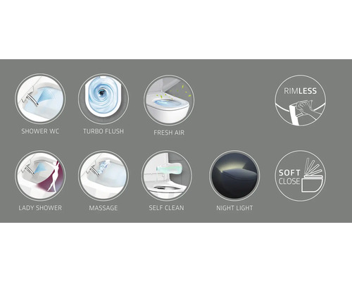 Funktionen einer Duschtoilette: Dusche, Spülung, Lufterfrischer, Ladydusche, Massage, Selbstreinigung, Nachtlicht, spülrandlos, Absenkautomatik