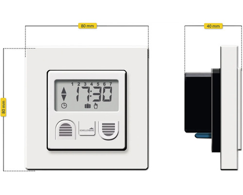 Schellenberg Zeitschaltuhr zur Steuerung von Rollläden, Frontansicht und Seitenansicht mit Maßangaben