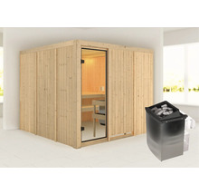 Elementsauna Karibu Arvika inkl.9 kW Ofen zu.integr.Steuerung ohne Dachkranz mit bronzierter Ganzglastüre