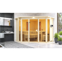 Elementsauna Karibu Astaria inkl. 9 kW Ofen u.ext.Steuerung mit Dachkraz und bronzierter Ganzglastüre