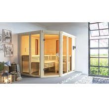 Elementsauna Karibu Avara inkl. 9 kW Ofen u.ext.Steuerung ohne Dachkranz mit bronzierter Ganzglastüre