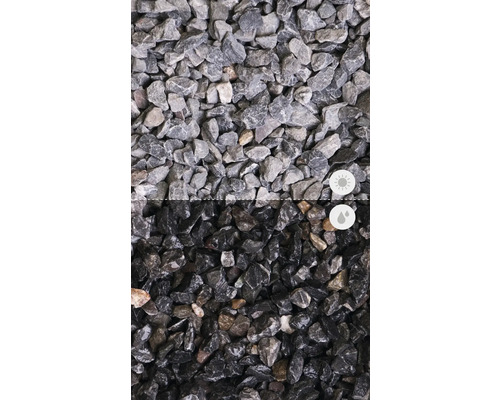 Mineralischer Mulch Kalkstein 8 - 16 mm 250 kg grau Nahaufnahme von Ziersplitt unter trockenen und nassen Bedingungen