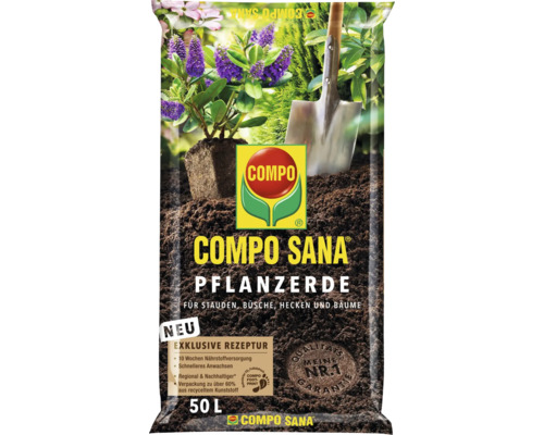 Compo Sana Pflanzerde im 50 Liter Sack mit Pflanze und Schaufel